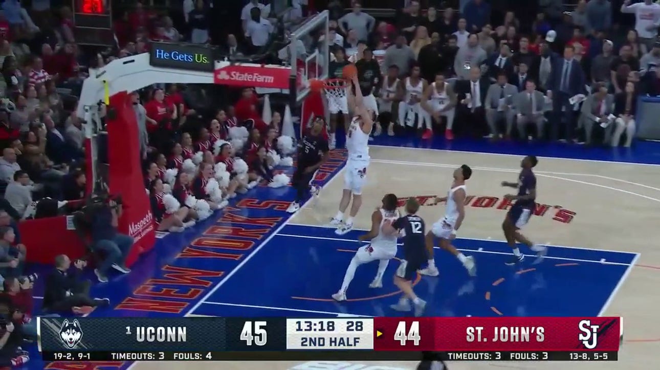 St. John's Chris Ledlum comes up with the steal and throws down the fast-break jam against UConn
