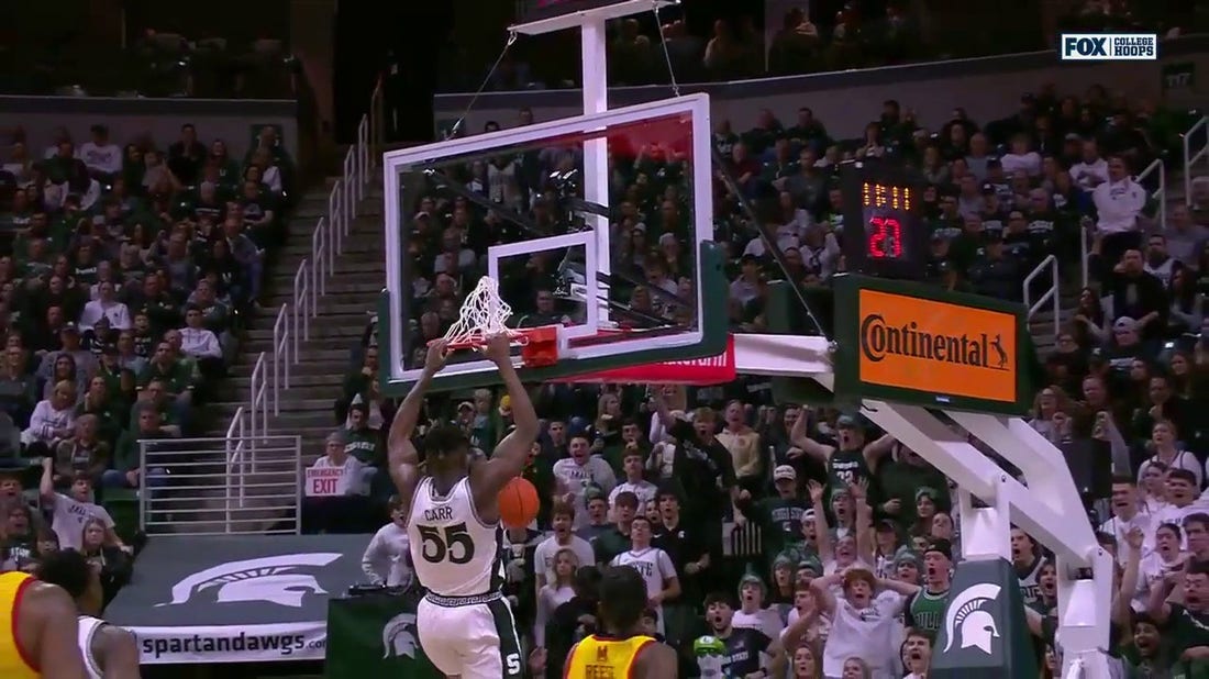 Michigan State's A.J. Hoggard finds Coen Carr for a FEROCIOUS alley-oop dunk vs. Maryland