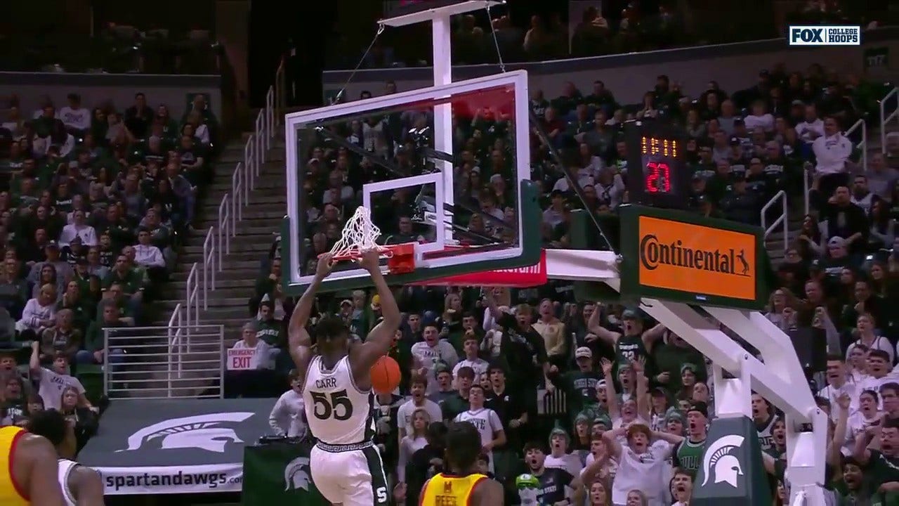 Michigan State's A.J. Hoggard finds Coen Carr for a FEROCIOUS alley-oop dunk vs. Maryland
