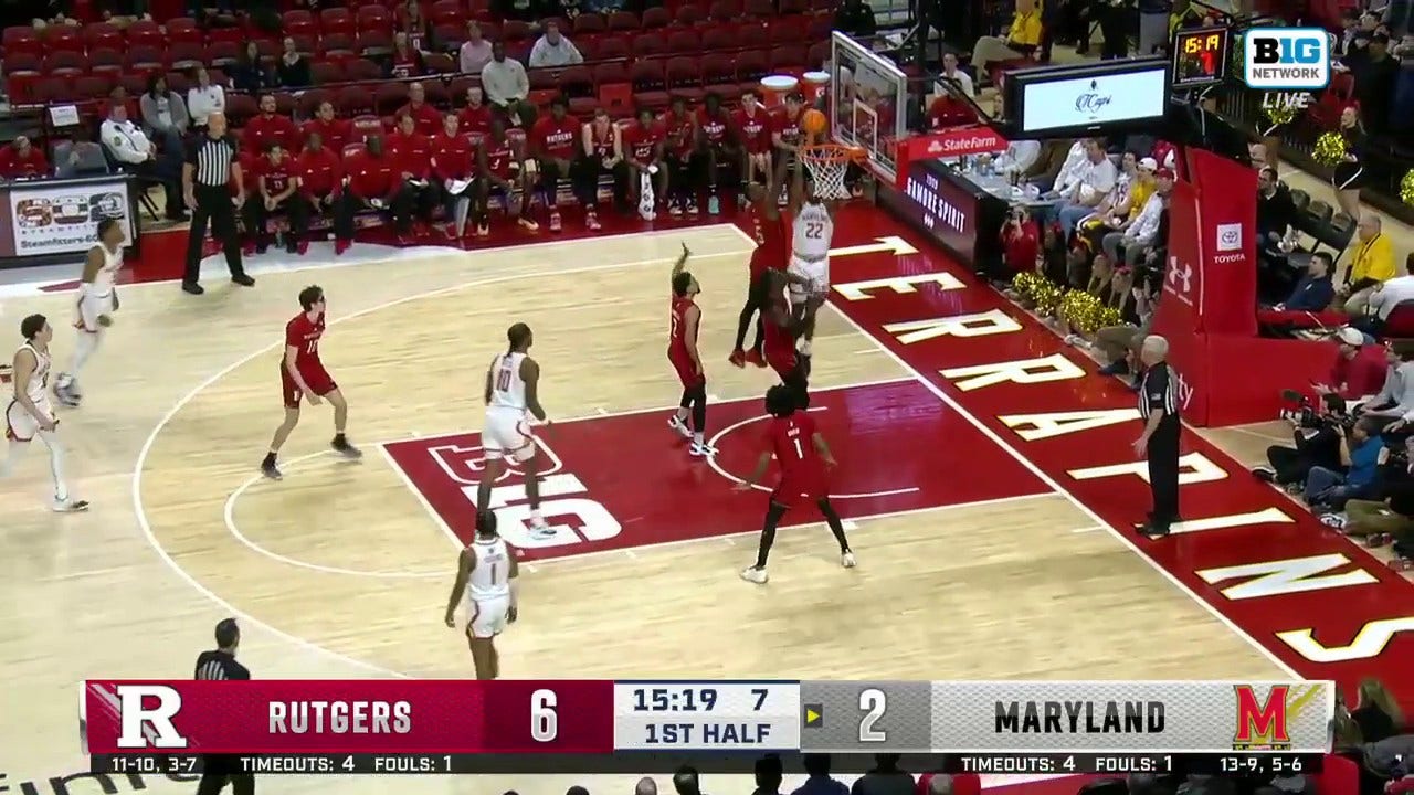 Maryland's Jordan Geronimo gets up for a dunk early vs. Rutgers