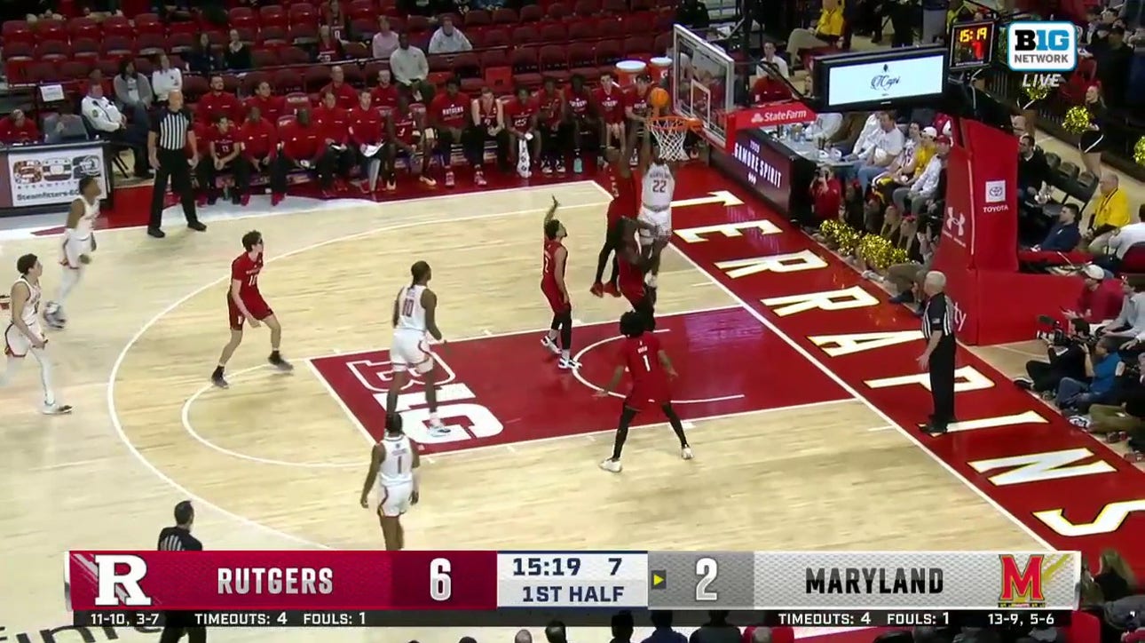 Maryland's Jordan Geronimo gets up for a dunk early vs. Rutgers