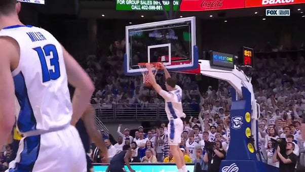 Creighton's Trey Alexander finds Ryan Kalkbrenner downcourt for the two-handed slam