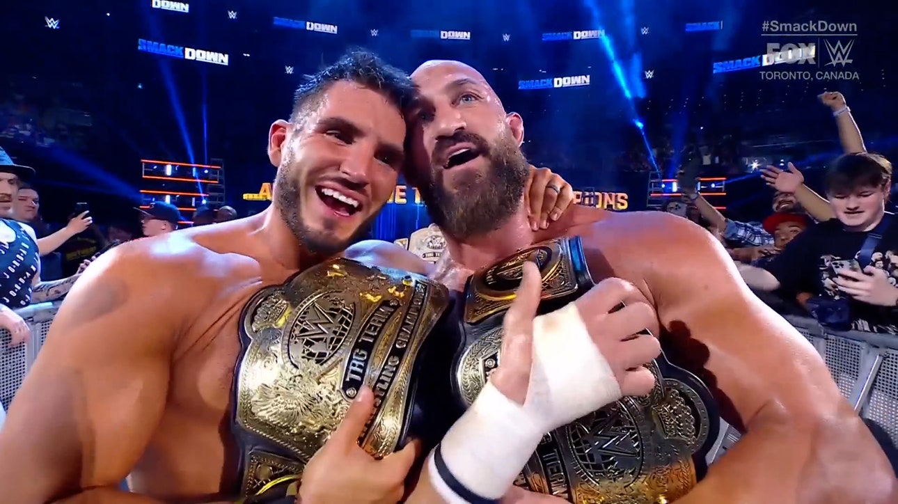 Johnny Gargano and Ciampa win Tag Team Titles with double-tap out vs Austin Theory, Grayson Waller