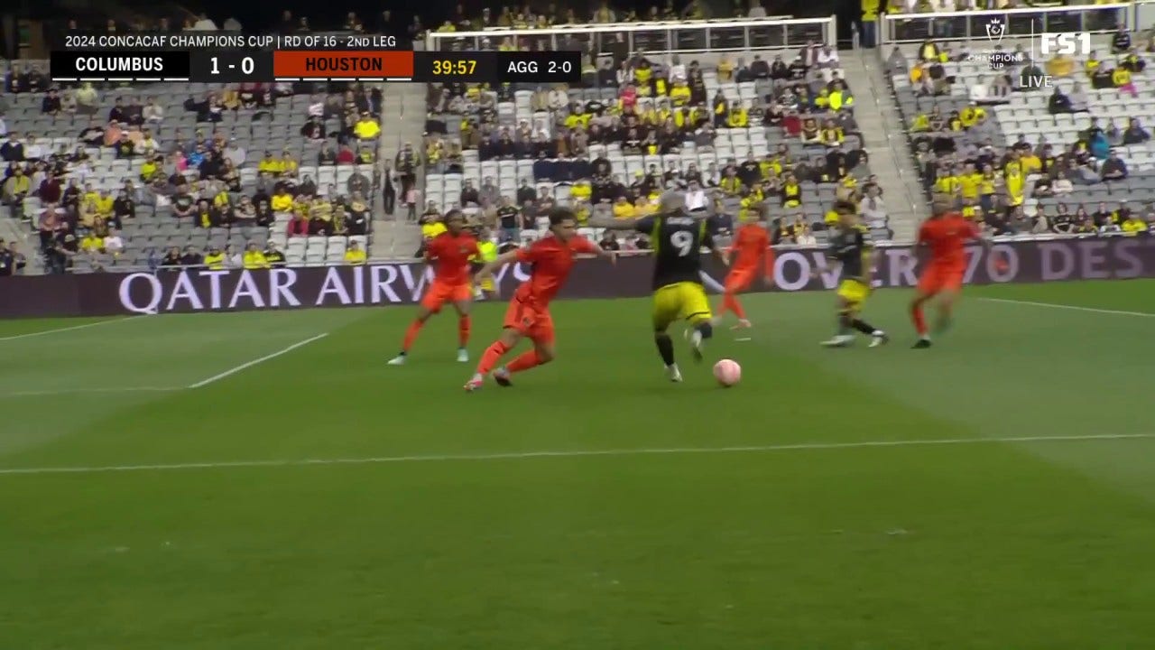 Columbus Crew's Cucho Hernandez scores on a nutmeg to give them a 1-0 lead against the Houston Dynamo