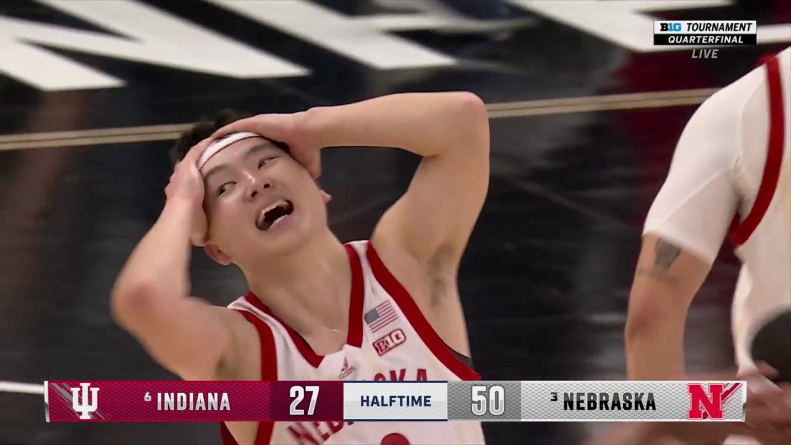 Keisei Tominaga buries a 3-pointer, capping off a 17-0 run to end the half vs. Indiana