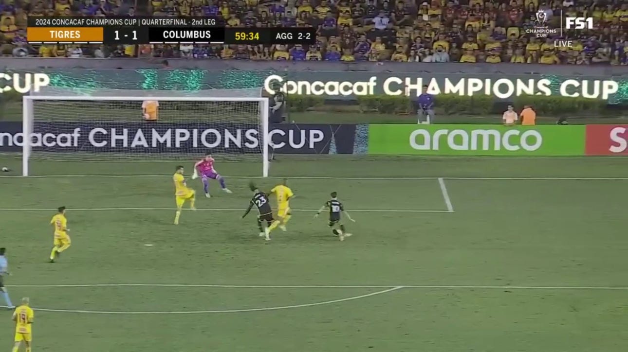 Columbus Crew's Diego Rossi squares up a shot to equalize against Tigres in the 60th minute