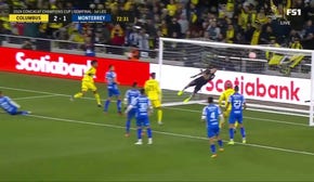 Jacen Russell-Rowe heads in the goal in 73' to give Columbus a 2-1 lead over Monterrey 