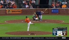 Mariners' Ty France knocks in a run on his double to right field, tying the game against the Orioles