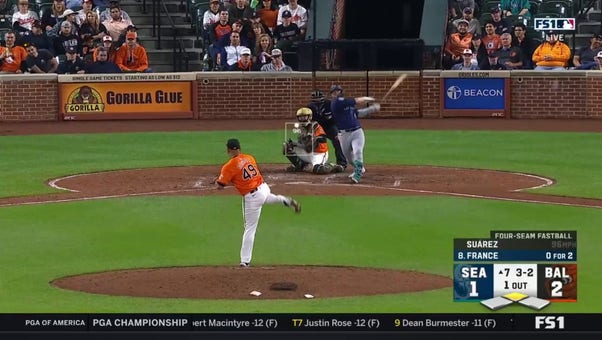 Mariners' Ty France knocks in a run on his double to right field, tying the game against the Orioles