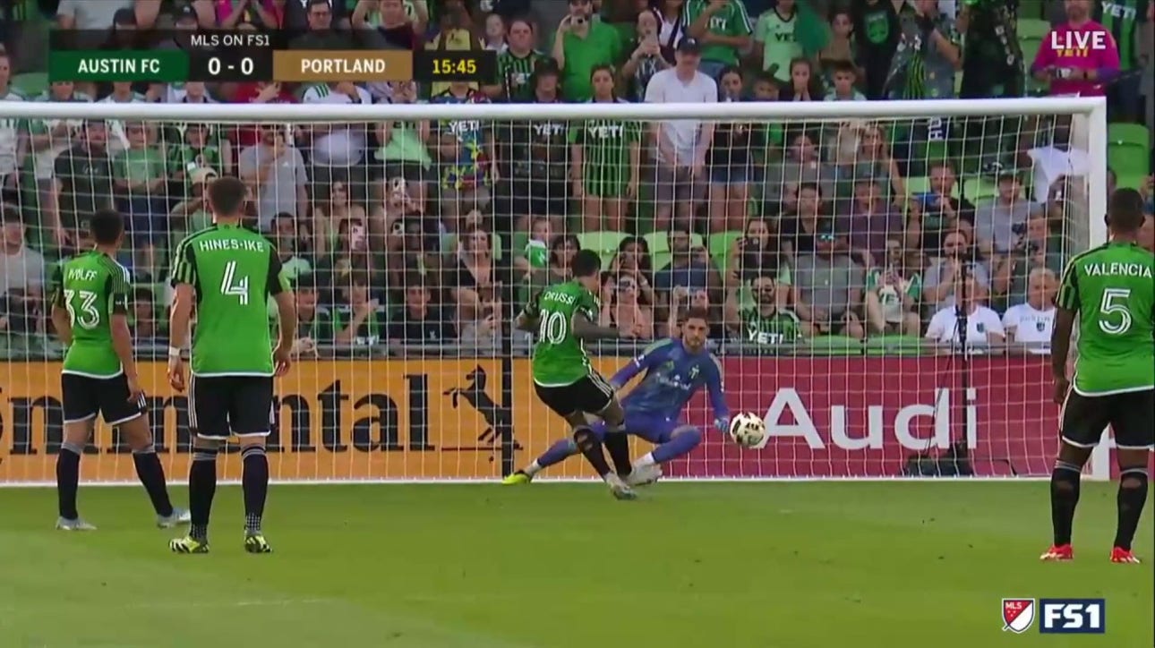 James Pantemis' superb penalty save denies Sebastián Driussi's attempt to give Austin FC the lead against Portland Timbers  