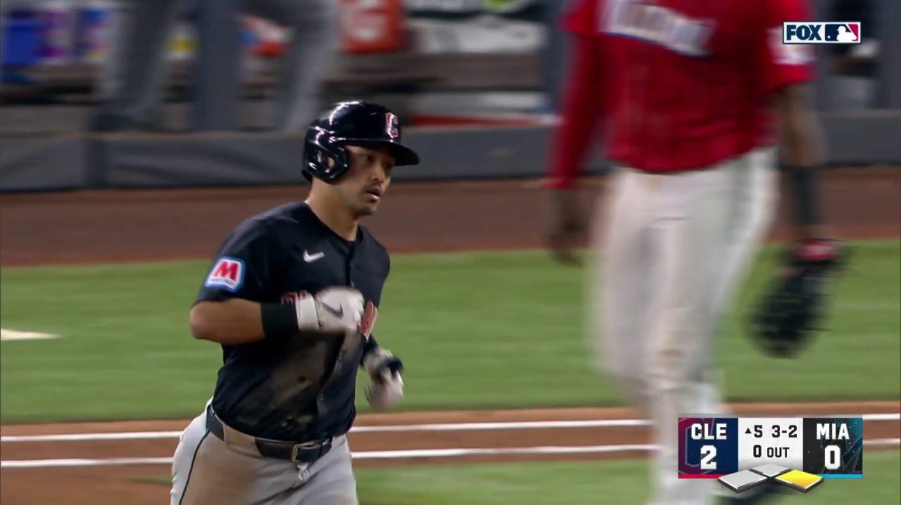Guardians' Steven Kwan unleashes a two-run home run to take a 4-0 lead over the Marlins
