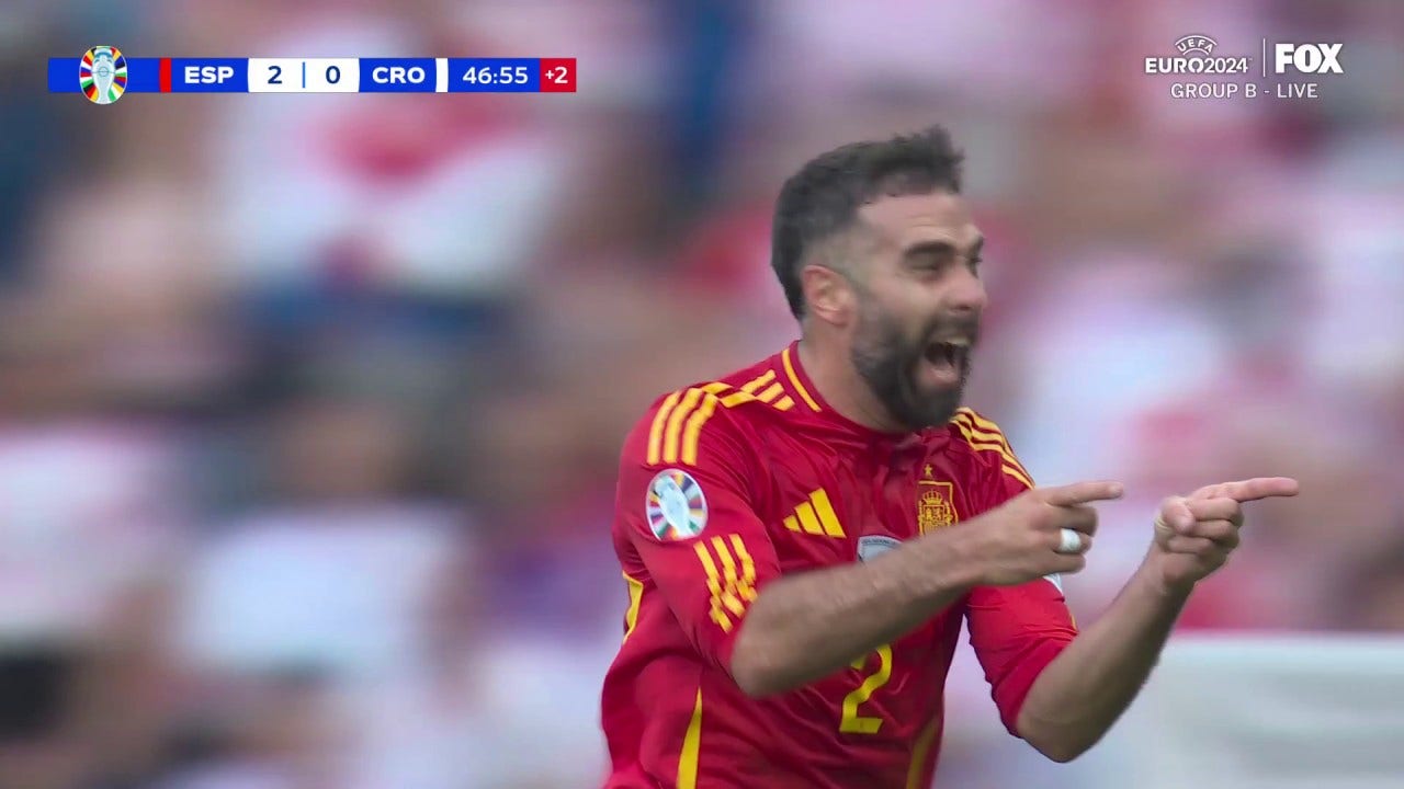 Dani Carvajal meets a cross to find the back of the net, giving Spain a 3-0 lead over Croatia | UEFA Euro 2024