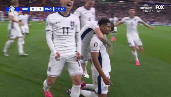 Jude Bellingham scores a header following a great cross from Bukayo Saka to give England a 1-0 lead over Serbia | UEFA Euro 2024