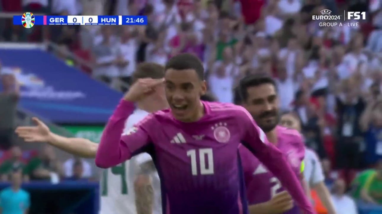 Jamal Musiala scores in 22' to give Germany a 1-0 lead over Hungary | UEFA Euro 2024