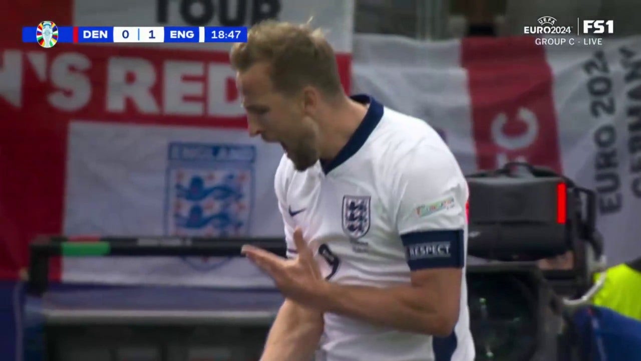 Harry Kane finds the net in 18' to give England a 1-0 lead over Denmark | UEFA Euro 2024