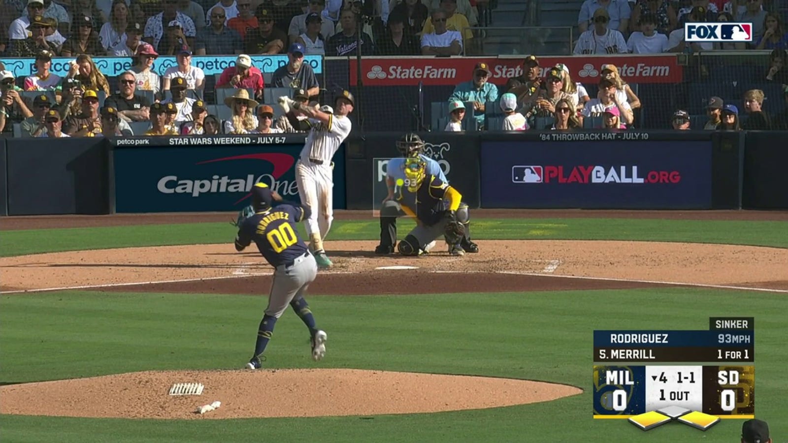 Jackson Merrill smashes a three-run home run as the Padres jump out to a lead over the Brewers