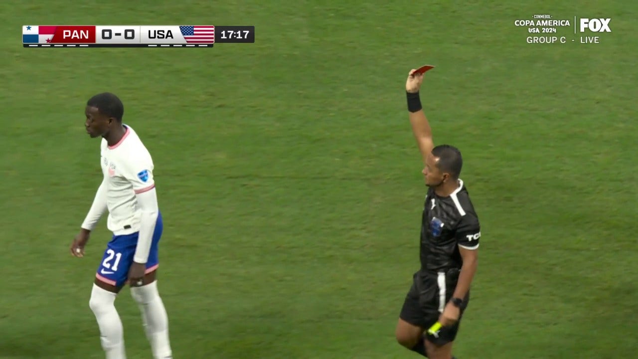 Tim Weah receives a red card in the 18th minute after VAR