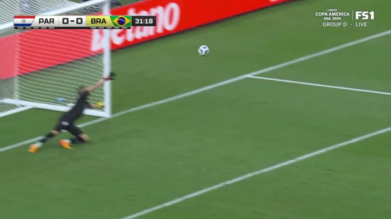 Brazil's Lucas Paqueta misses a penalty kick against Paraguay