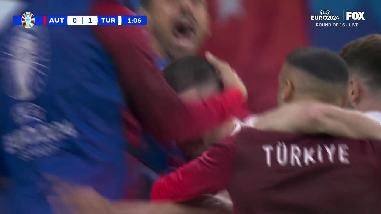 Merih Demiral's goal in the first minute gives Türkiye a 1-0 lead over Austria | UEFA Euro 2024