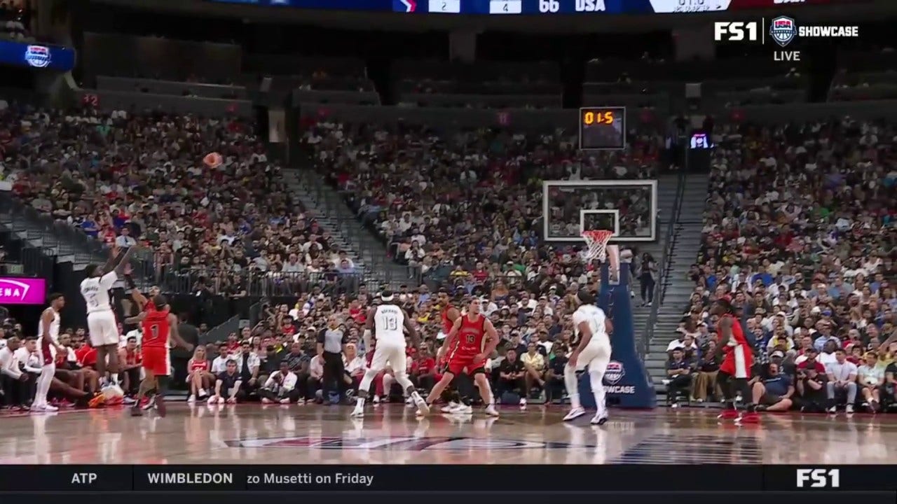 Anthony Edwards drains a 3-pointer to beat the buzzer, extending United States' lead over Canada