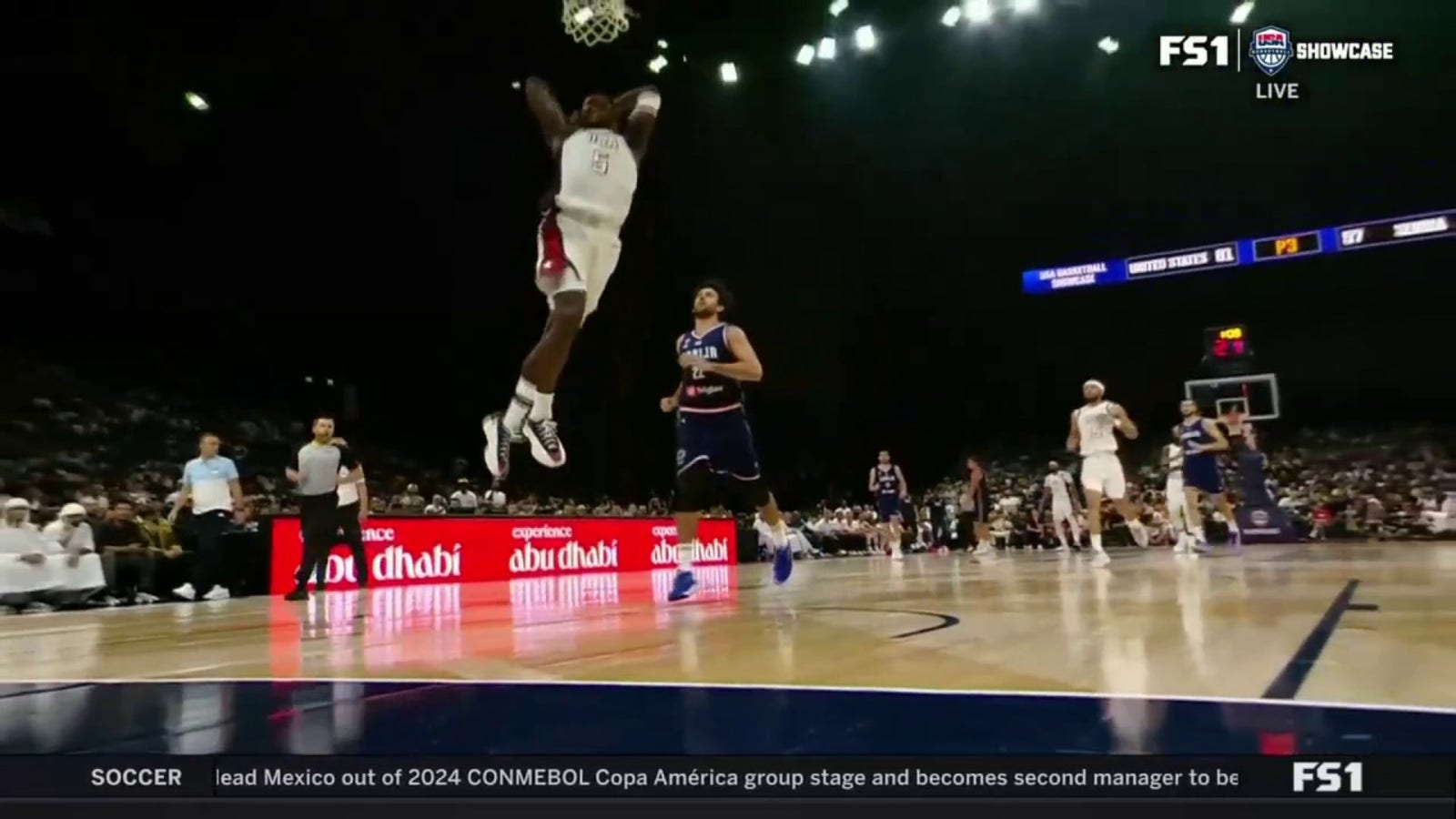United States' Anthony Edwards comes away with a steal and finishes with a dunk vs. Serbia