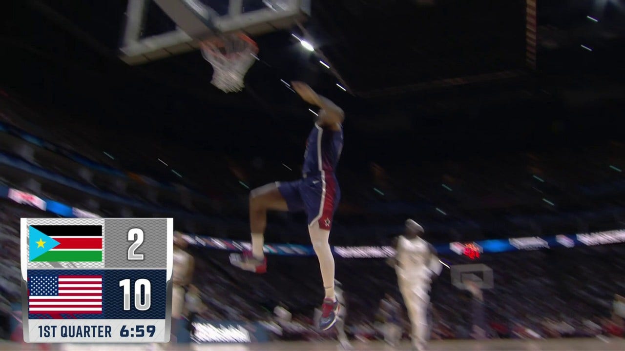 USA's LeBron James goes up and throws down a NASTY tomahawk jam vs. South Sudan