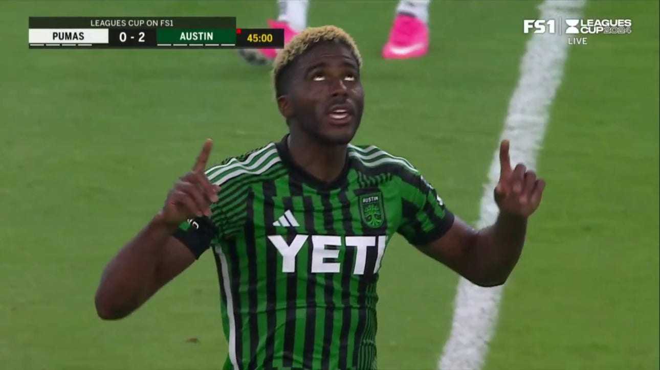 Austin FC's Gyasi Zardes finds the back of the net in 45' to take a 2-0 lead over Pumas