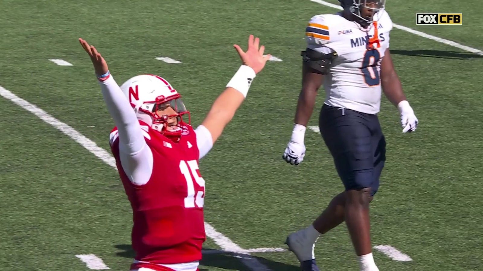 Nebraska's Dylan Raiola connects with Jahmal Banks for a 21-yard touchdown vs. UTEP 