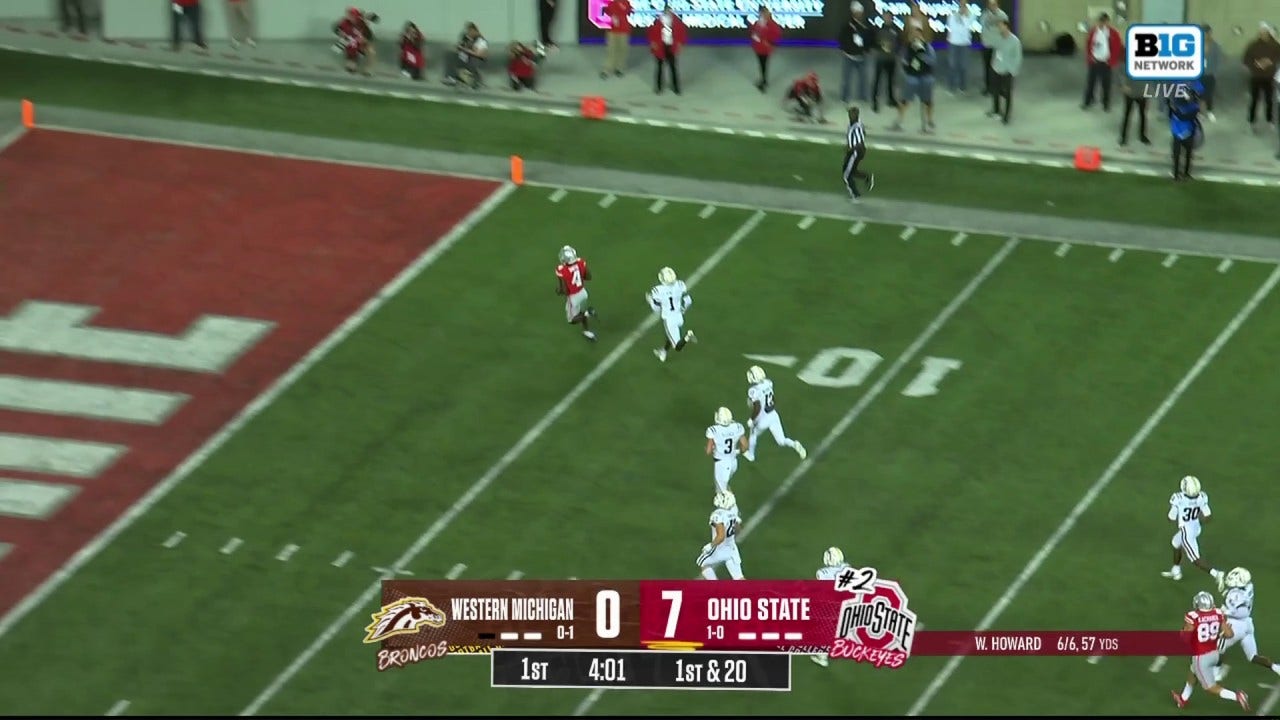 Will Howard terhubung dengan Jeremiah Smith untuk mencetak touchdown sejauh 70 yard dan memperlebar keunggulan Ohio State atas Western Michigan