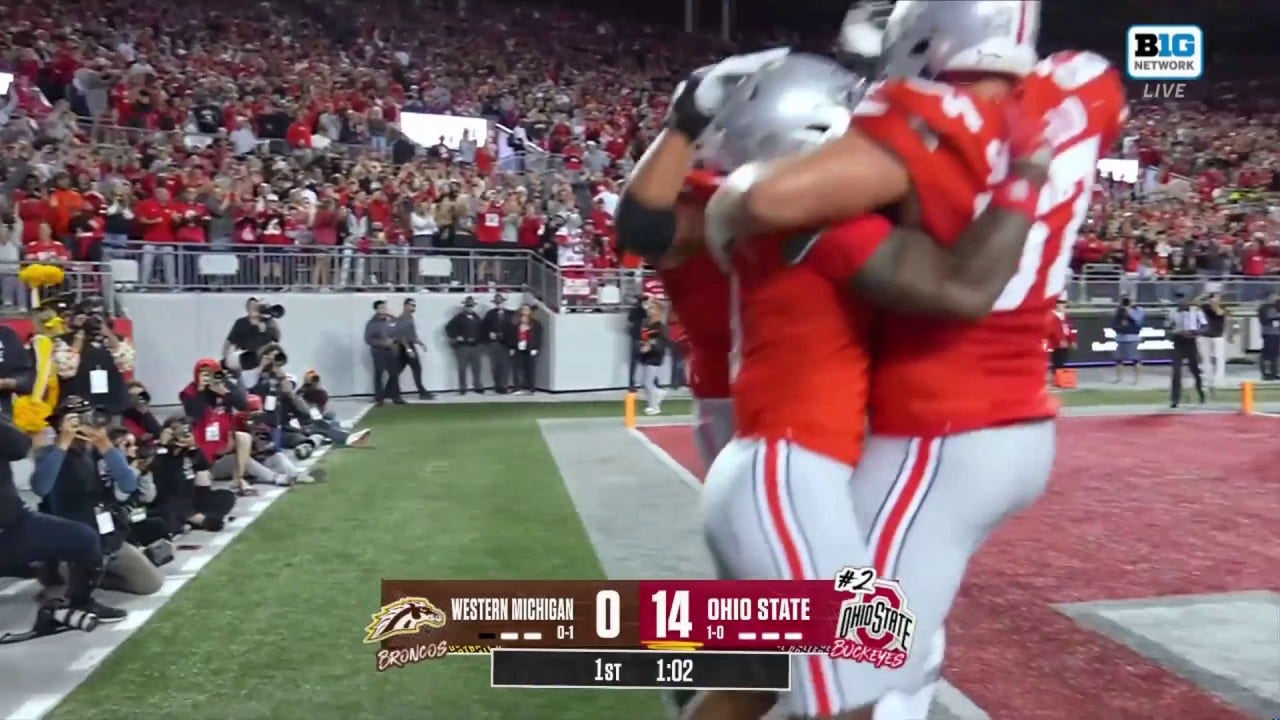 Ohio State's Quinshon Judkins scores a 23-yard touchdown to extend the lead against Western Michigan