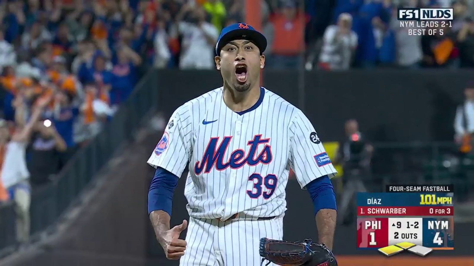 Edwin Diaz strikes out Kyle Schwarber to seal Mets 4-1 victory and NLDS series win over Phillies