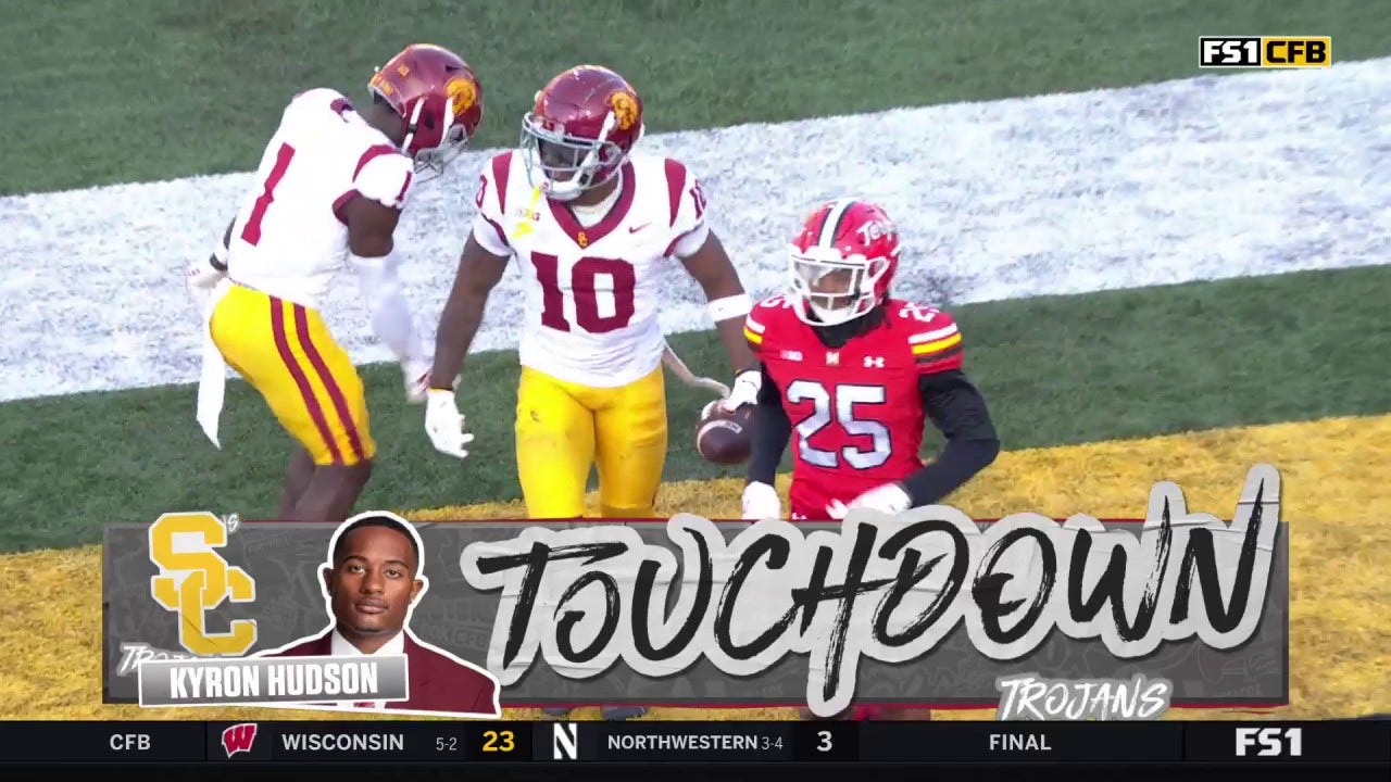 Miller Moss finds Kyron Hudson for a spectacular 22-yard touchdown catch to give USC a 7-0 lead over Maryland