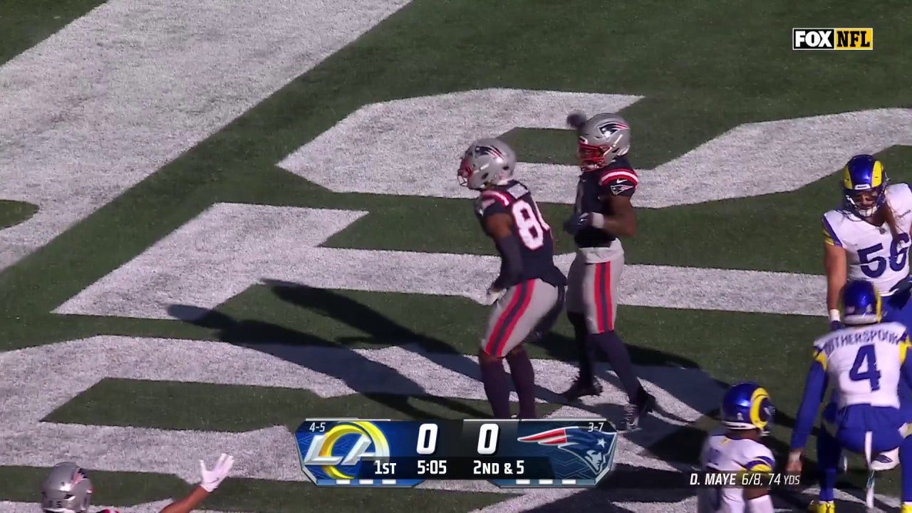 Drake Maye connects with Kendrick Bourne for a nine-yard TD to give Patriots a lead over Rams