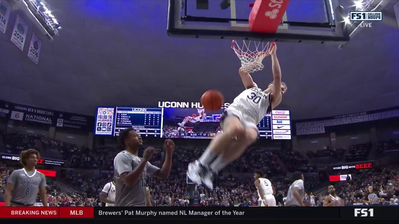 UConn's Hassan Diarra's steal sets up Liam McNeeley for a amazing slam dunk vs. East Texas A&M