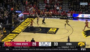 Josh Dix gets the block and Payton Sandfort lays it up in transition, extending Iowa's lead over Iowa State