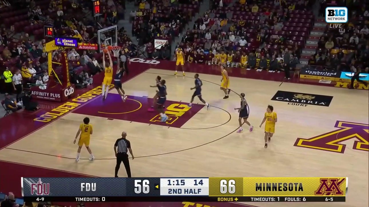 Parker Fox throws down a strong two-handed slam to seal Minnesota's 74-60 victory over FDU