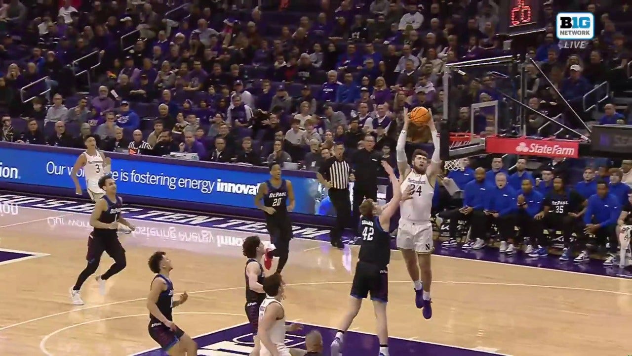 Northwestern's Brooks Barnhizer finds Matthew Nicholson for an AMAZING ALLEY-OOP DUNK vs. DePaul