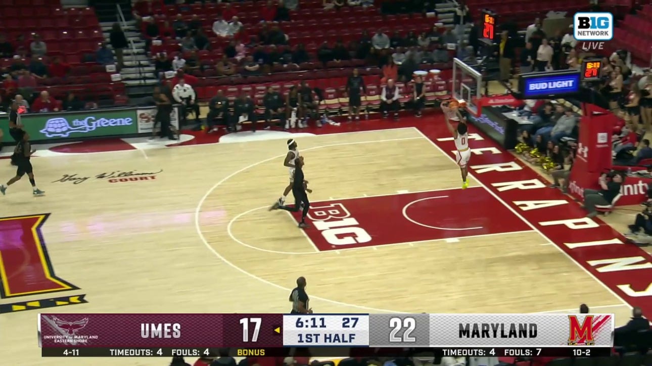 Maryland's Ja'Kobi Gillespie comes away with a steal and finishes with a dunk vs. UMES