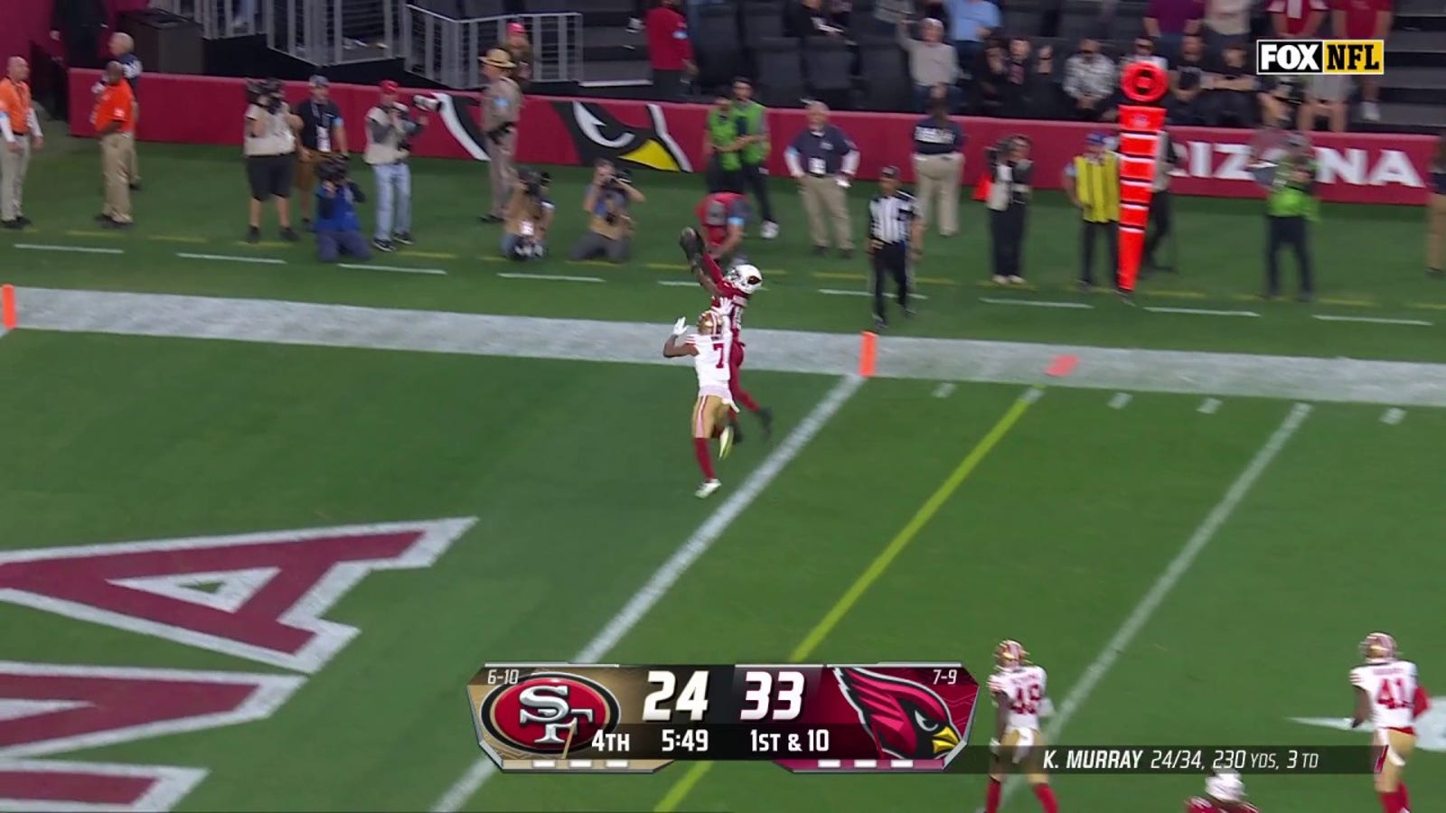 Kyler Murray hits Marvin Harrison Jr. on a 12-yard TD pass, extending Cardinals' lead over 49ers