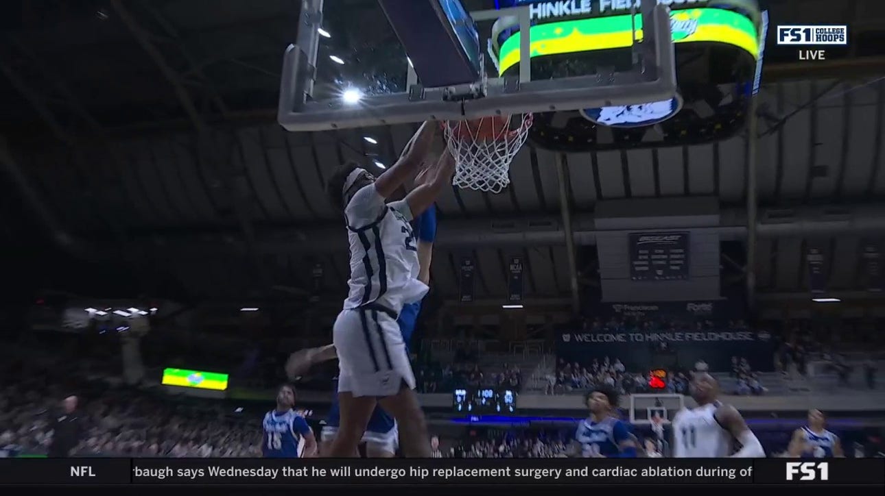 Andre Screen throws down an alley-oop dunk, extending Butler's lead over Seton Hall