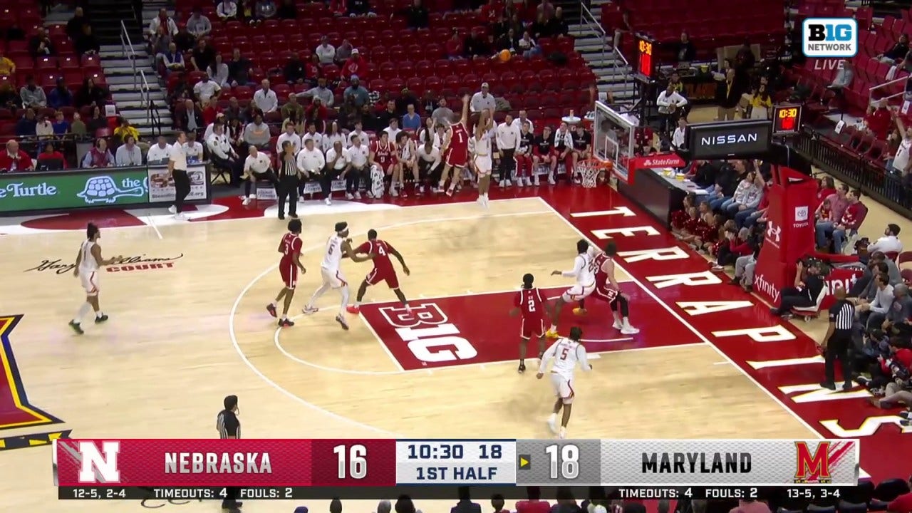 Ja'Kobi Gillespie hits a 3-pointer, extending Maryland's lead over Nebraska