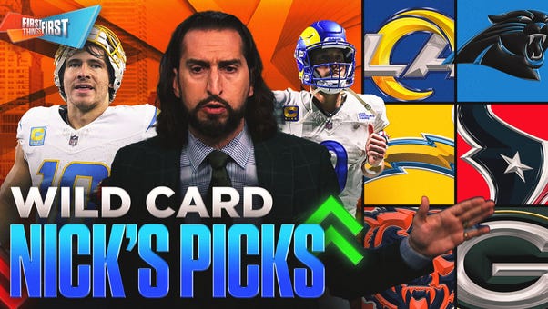 Rams (-10.5), Chargers (+3.5) and Jaguars (+1.5) highlight Nick Wright's Wild Card Picks | First Things First