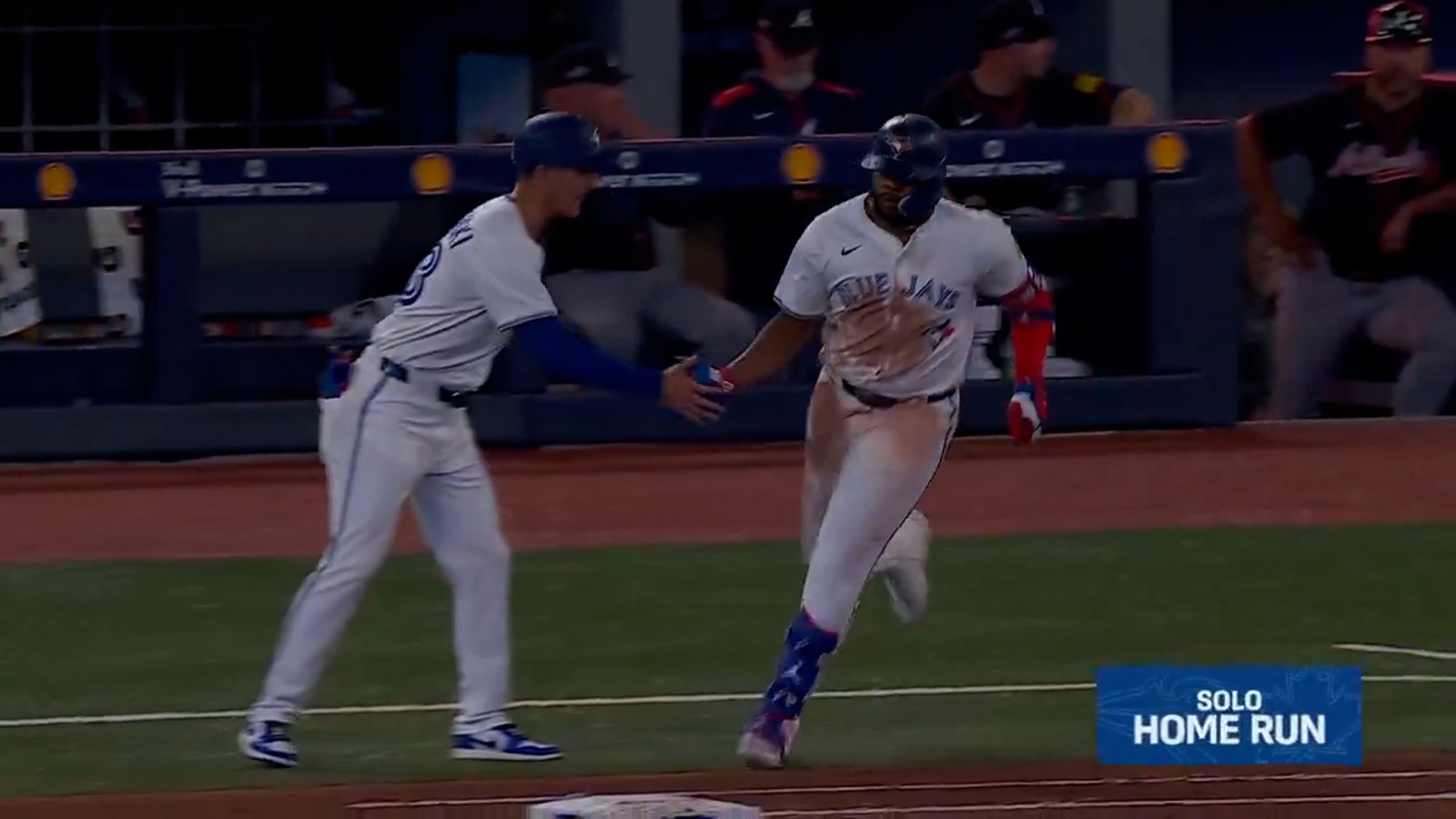 Vladimir Guerrero Jr. slams his first home run of the season vs. Braves