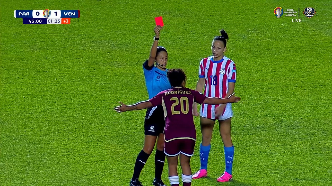 Venezuela's Dayana Rodriguez leaves game after receiving red card vs. Paraguay