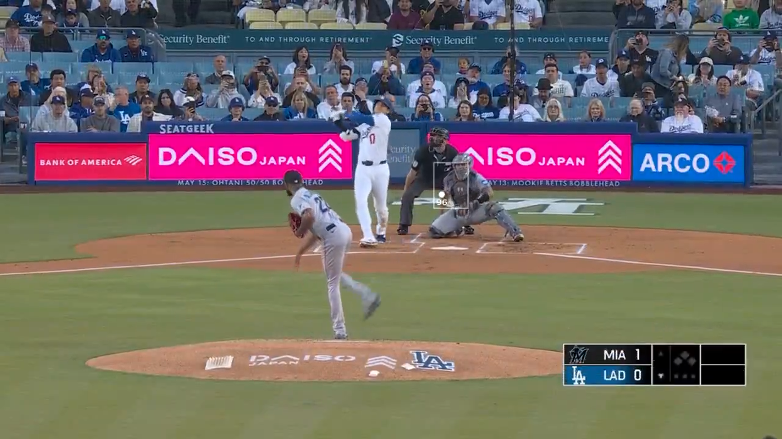 Shohei Ohtani of the Dodgers hits an initial home run vs. Marlin