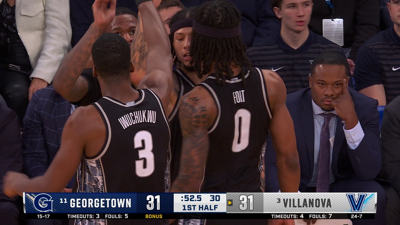 Kayvaun Mulready hits TOUGH three-point shot off the glass and 1, giving Georgetown lead over Villanova 