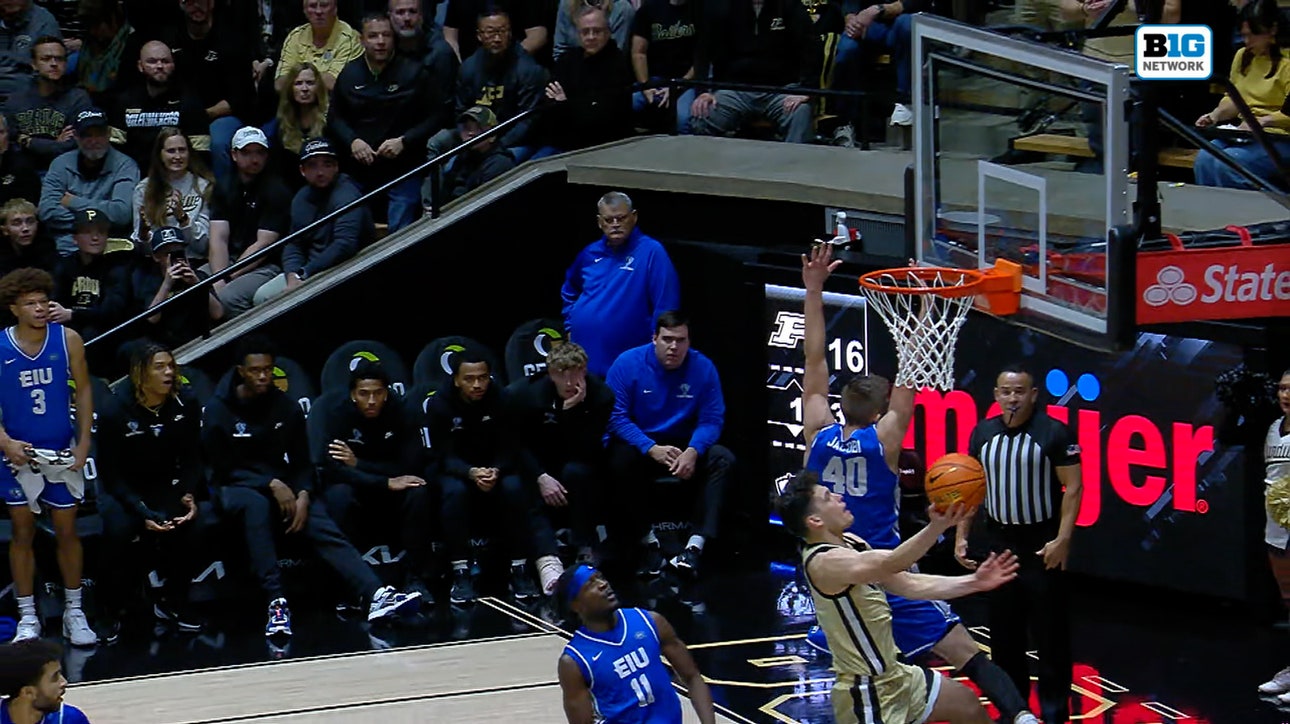 Omer Mayer drives and finishes tough layup, plus the foul, extending Purdue's lead over Eastern Illinois