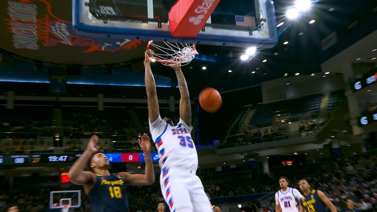 DePaul's N.J. Benson goes FLYING for fastbreak alley oop vs. Marquette