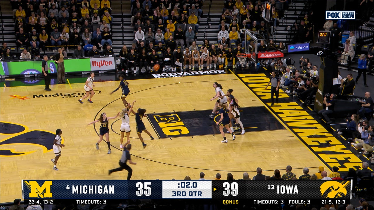Kylie Feuerbach hits TOUGH step back three at the buzzer, extending Iowa's lead over Michigan 