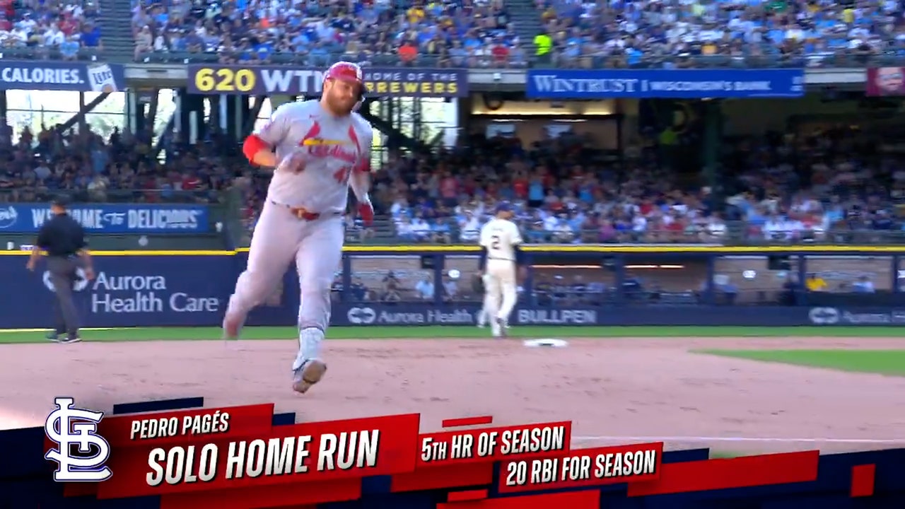 Cardinals' Pedro Pagés crushes his second home run of the day against the Brewers